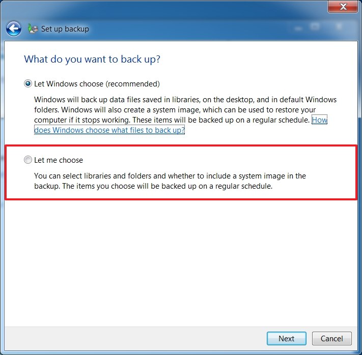 Windows 7 choose backup items