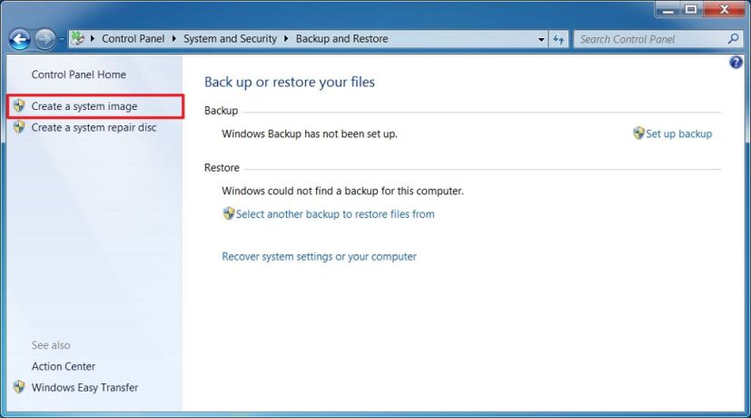 Create system image option on Windows 7