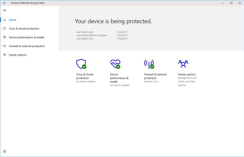 Windows Defender Security Center main page