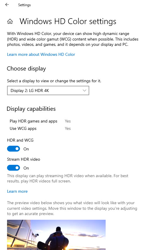 Windows HD settings on Windows 10 build 17711