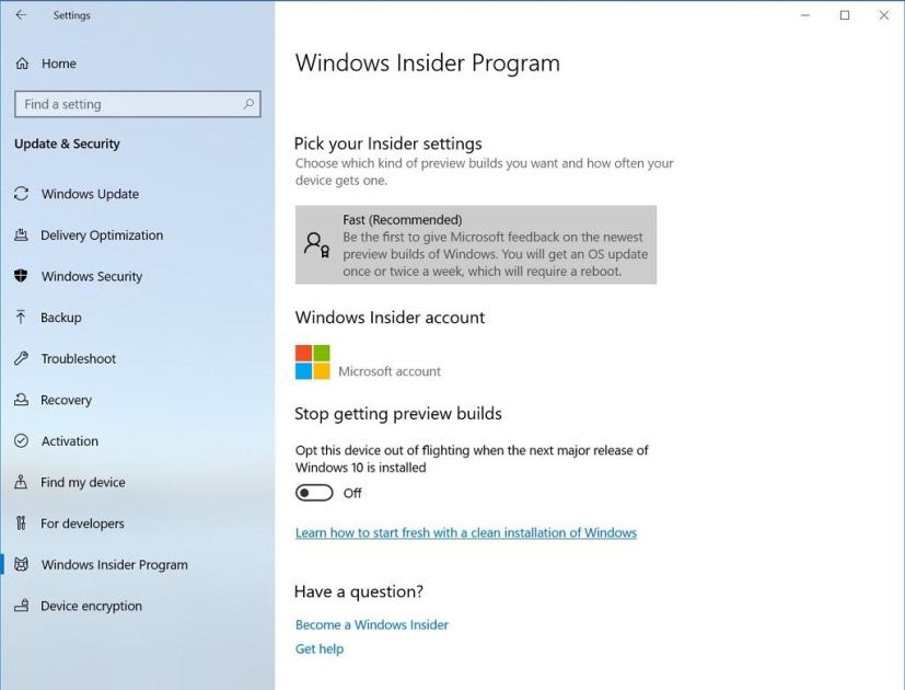 Windows Insider Program settings page on Windows 10 version 1903