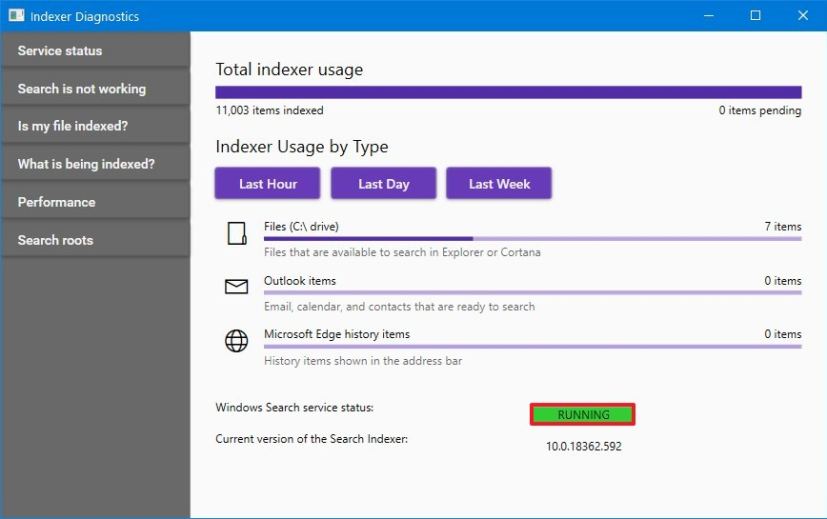 Indexer Diagnostics search status check 