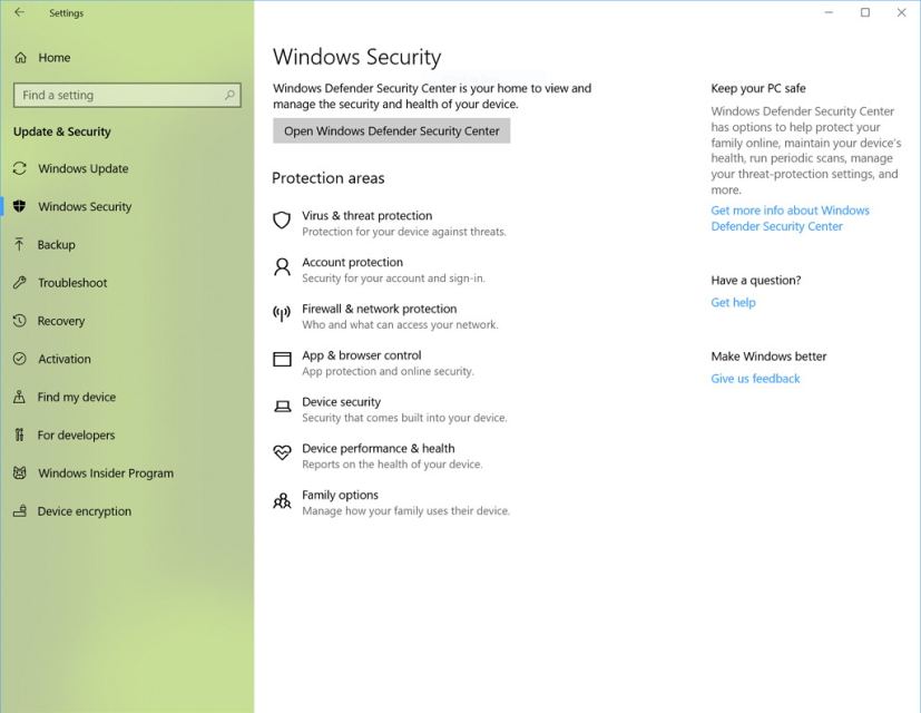 Windows Security settings on Windows 10