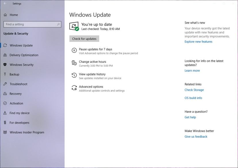 Windows Update settings with the April 2019 Update