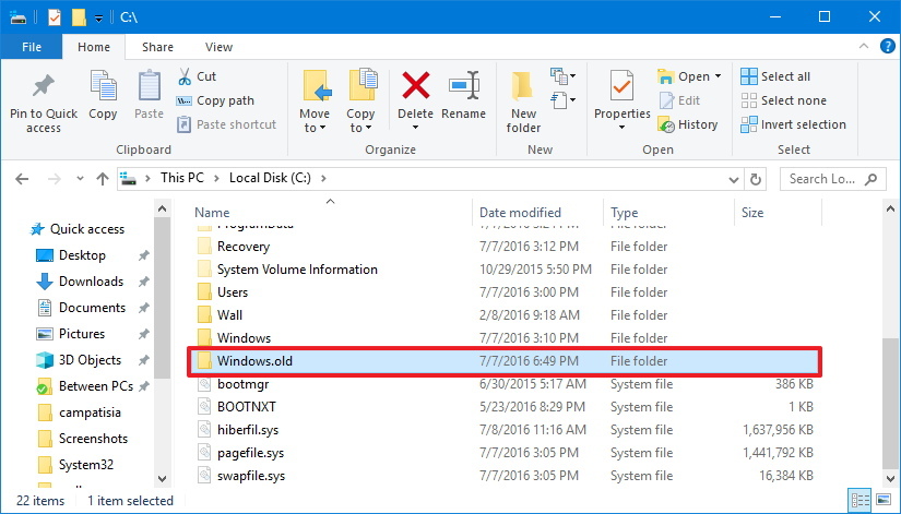 Windows.old folder on Windows 10 Fall Creators Update