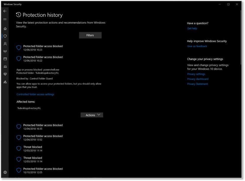 Windows Security with new Protection history