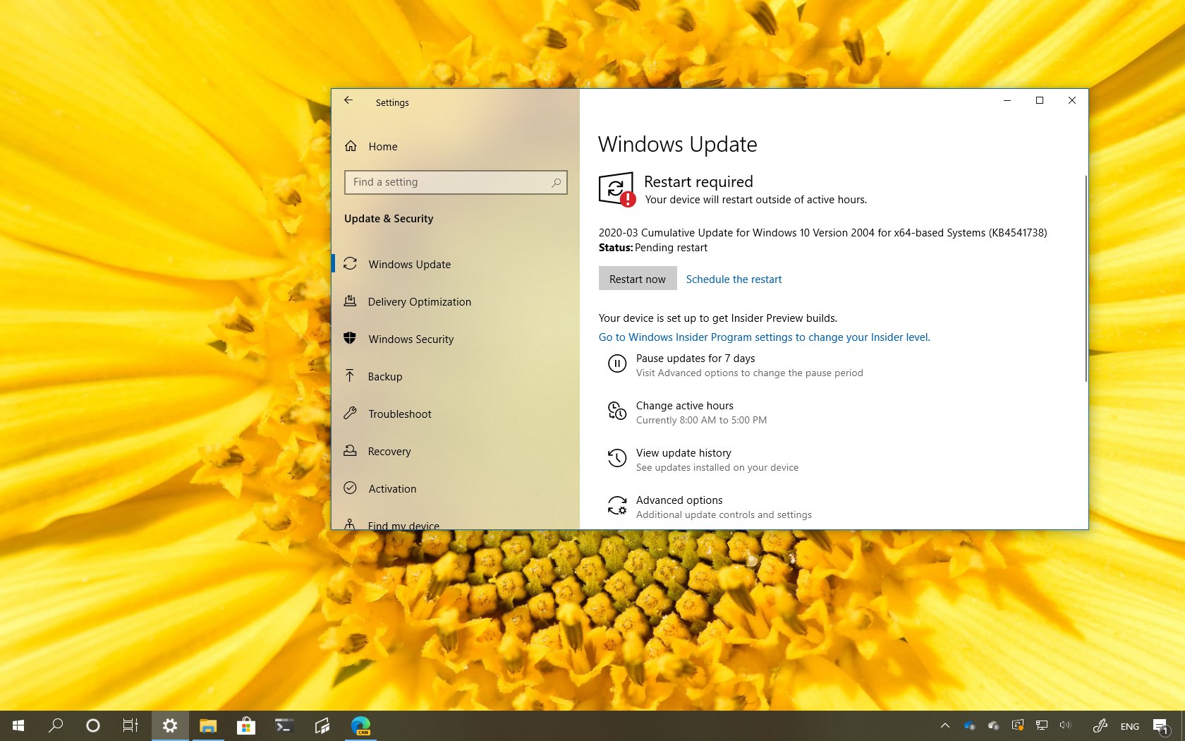 Windows 10 build 19041.153, update KB4541738