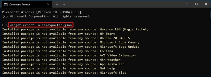 winget export command