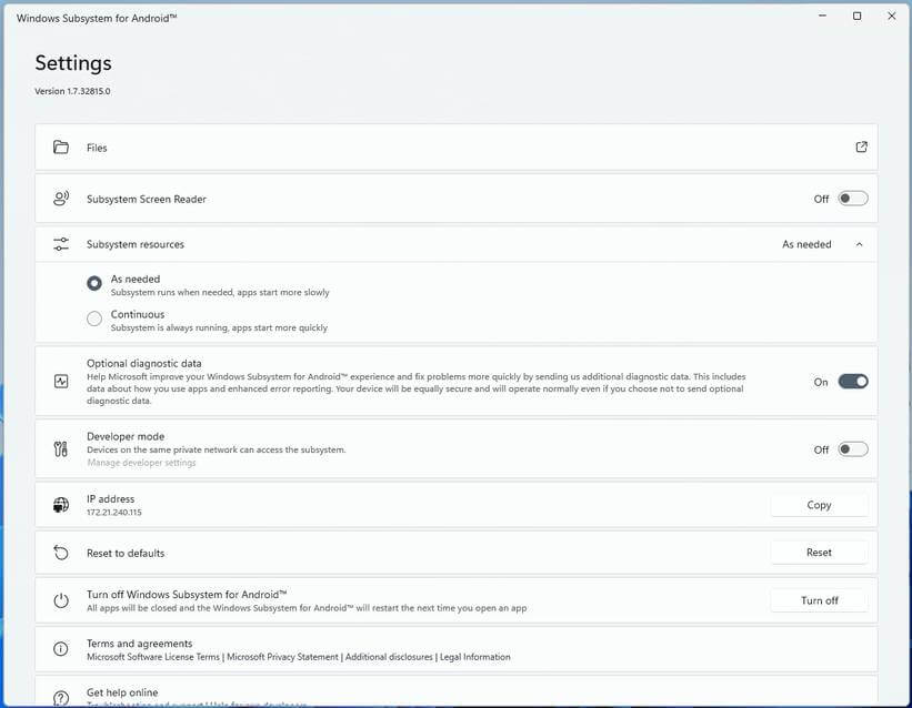 Windows Subsystem for Android settings