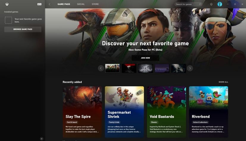 Xbox app Game Pass section