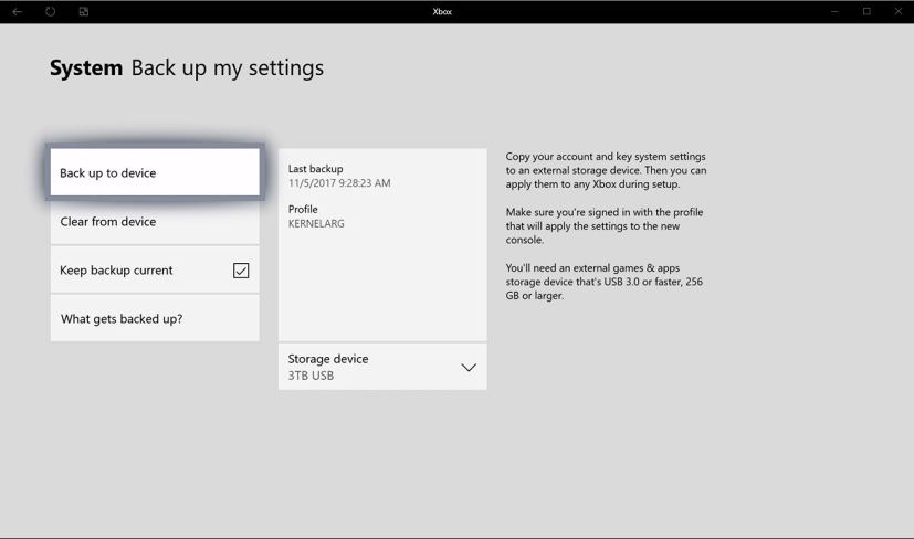 Backup settings option on Xbox One