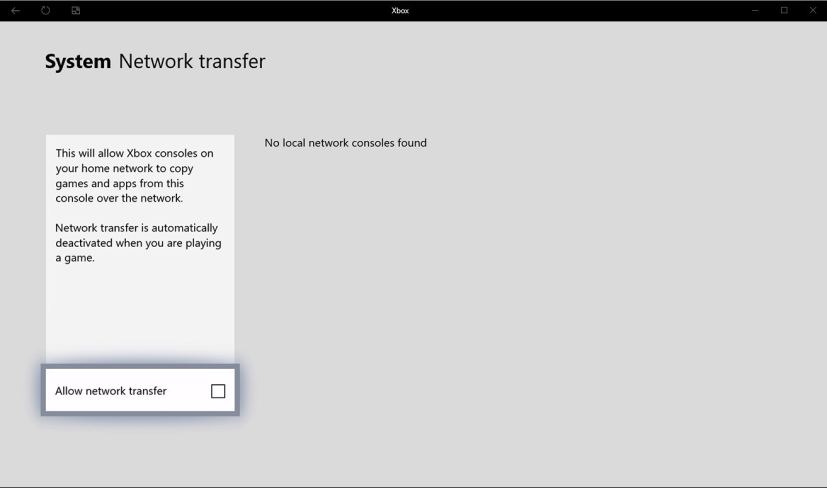 Network transfer option on Xbox One