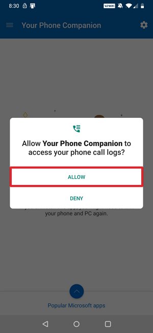 Your Phone Android allow access to call logs