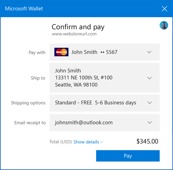 Microsoft Edge web payment using Microsoft Wallet